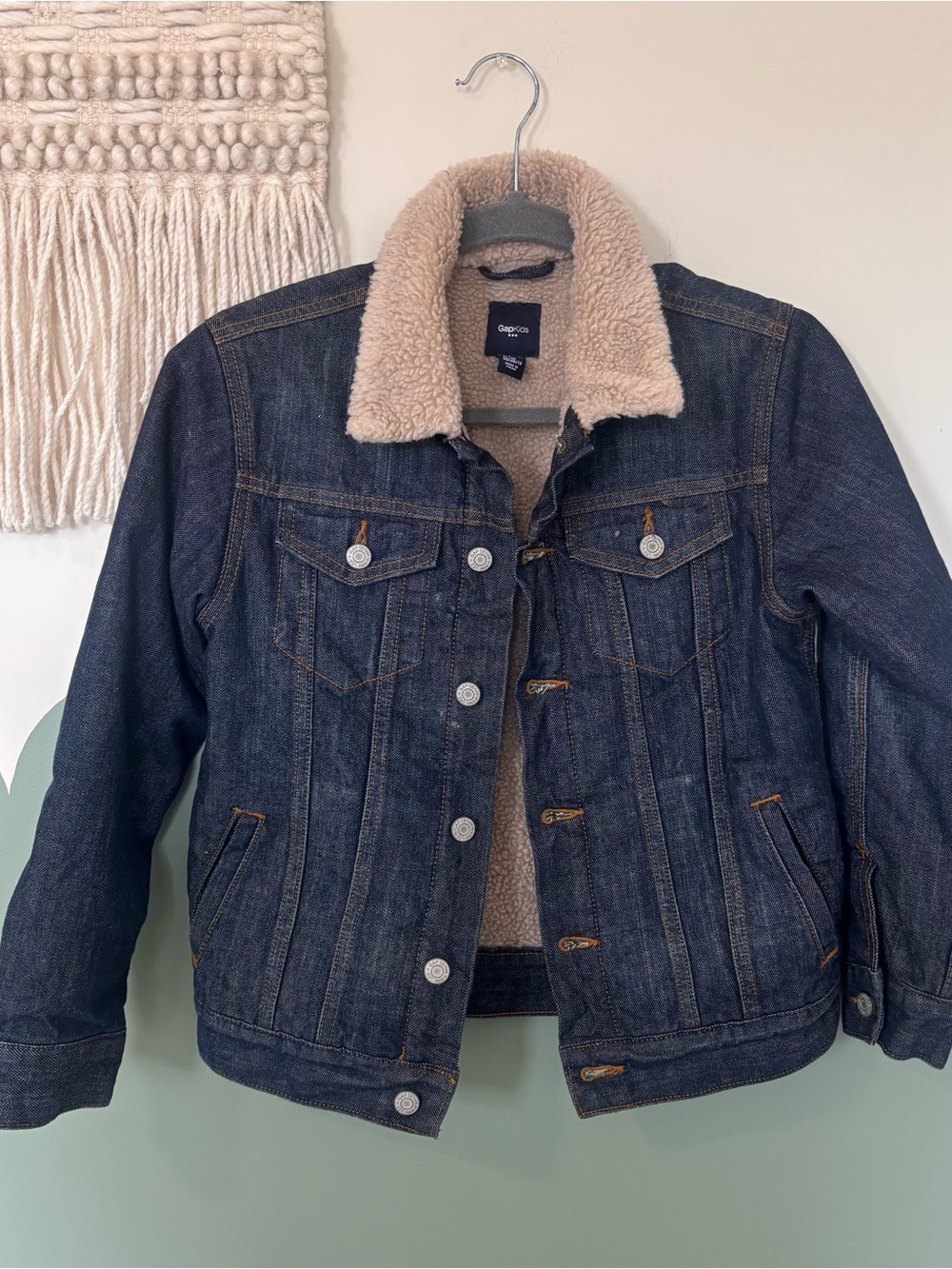 GAP Dark Blue Denim Jacket with Cream Sherpa Collar
